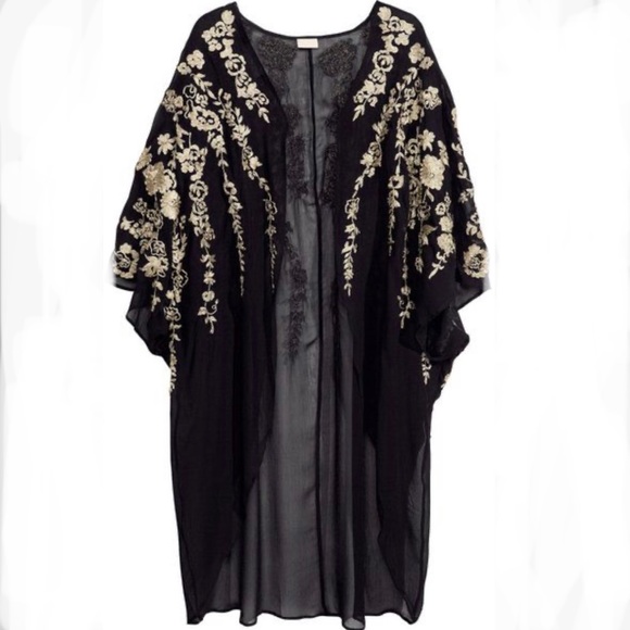 H&M Black Sheer Golden Floral Embroidered Detail Kimono Wrap Jacket Duster 8 M - Picture 1 of 6